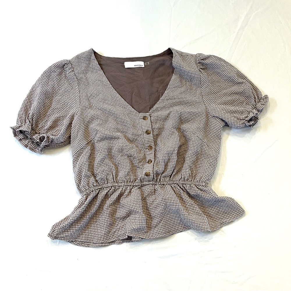 Heathery Brown Gingham Peplum Blouse size Small